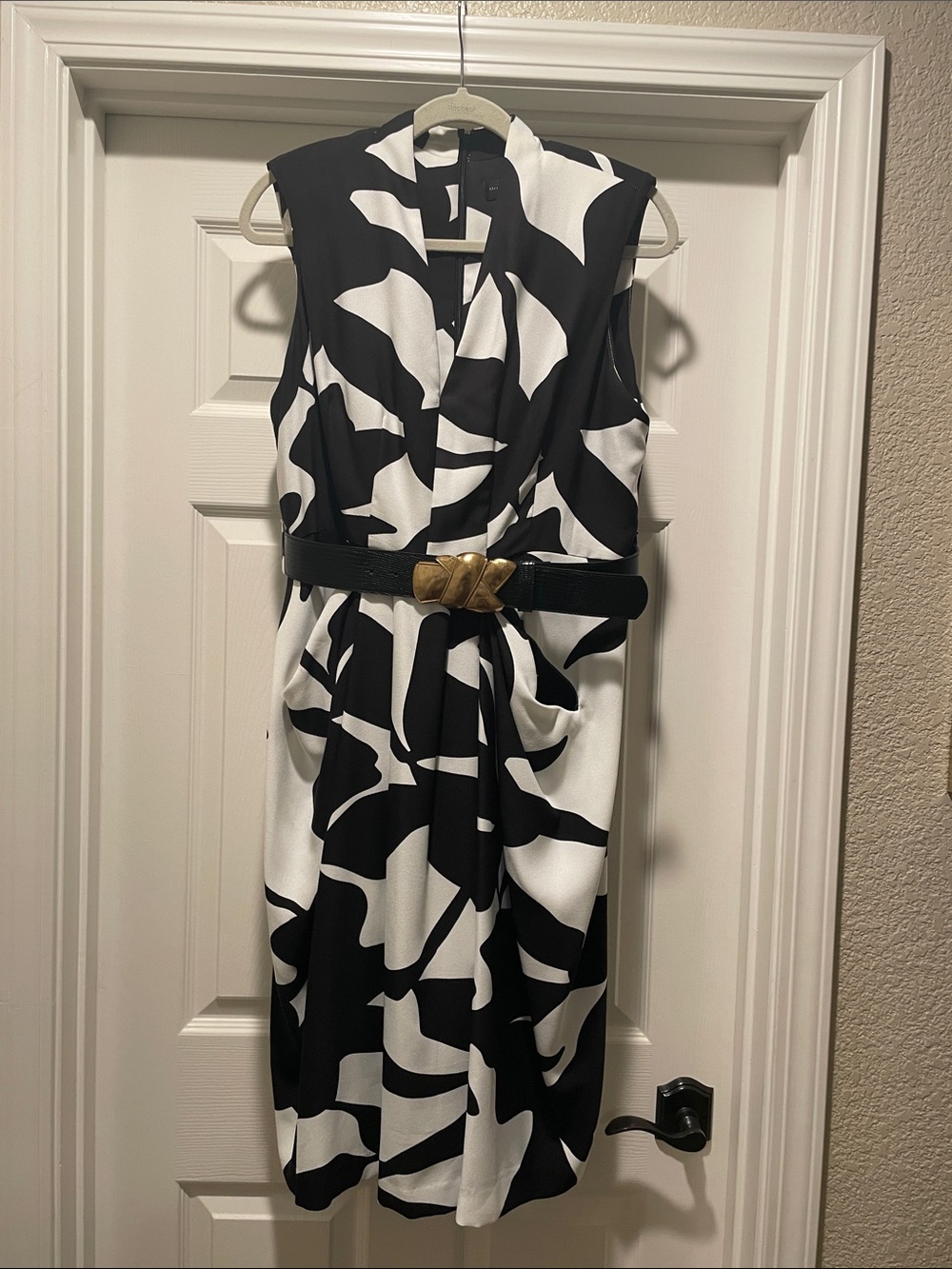 Donna Karan Black and White Sleeveless Draped Wrap Dress with Belt
